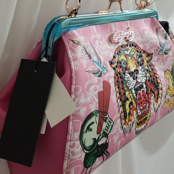 Ed Hardy Pink Rhinestone Siberia Hill Tiger Kiss Lock Frame Tattoo Charm Satchel - Picture 7 of 15